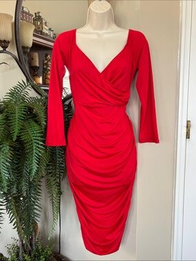 NWT KOANDAILY Red Wrap-Style Midi Dress V-Neck Ruched Stretch Valentine's Day